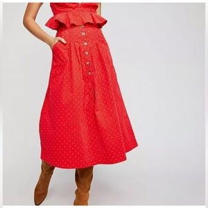 Free People Corduroy Midi Red Button-Front Skirt